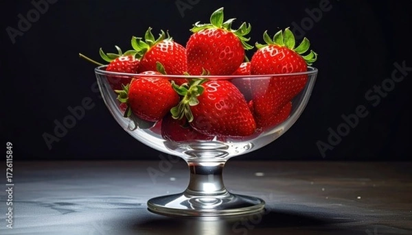 Obraz Bowl of Succulent Strawberries: A visually appealing arrangement of fresh, ripe strawberries is presented in an elegant glass bowl, showcasing the vibrant colors and natural textures of the fruit.