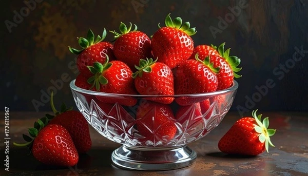 Obraz A Burst of Strawberry Delight: Vibrant red strawberries, bursting with freshness, are artfully arranged in a crystal bowl, inviting a sensory experience of taste and visual pleasure. 