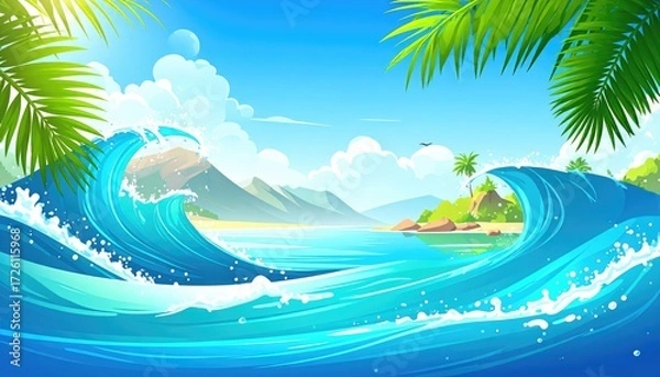 Obraz Ocean wave on a summer beach: Capturing the essence of a beautiful summer scene with waves in motion, palm trees framing a sandy beach against a bright blue sky. Evokes feelings of peace and paradise.