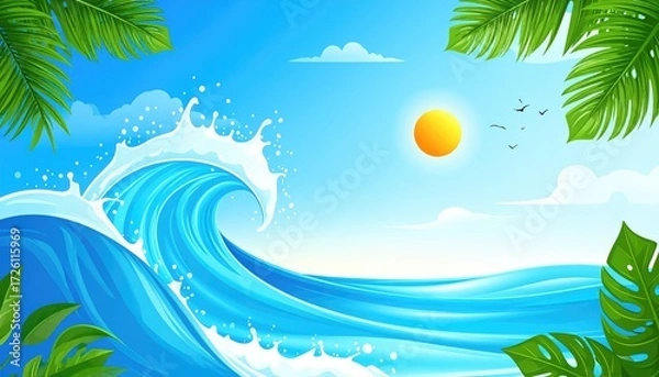 Obraz Ocean Wave Illustration: Capturing the power and beauty of nature, this illustration showcases a magnificent ocean wave crashing against the bright blue sky, enhanced with palm leaves and sun. 