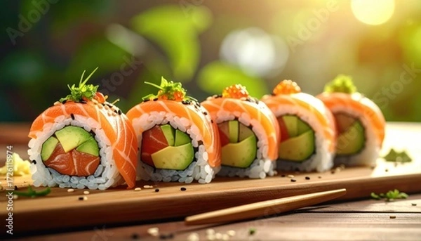 Obraz Sushi Rolls with Salmon and Avocado on Wooden Plate