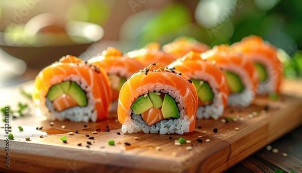Obraz Delectable Sushi: Close-up shot of expertly crafted sushi rolls, showcasing fresh ingredients, a perfect harmony of textures and flavors, artfully presented on a wooden board.