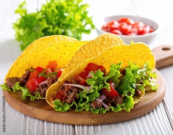 Obraz Savory Tacos: A close-up image of freshly prepared, mouthwatering tacos, filled with seasoned ground beef, crisp lettuce, juicy tomatoes, and other vibrant ingredients, ready to be savored.