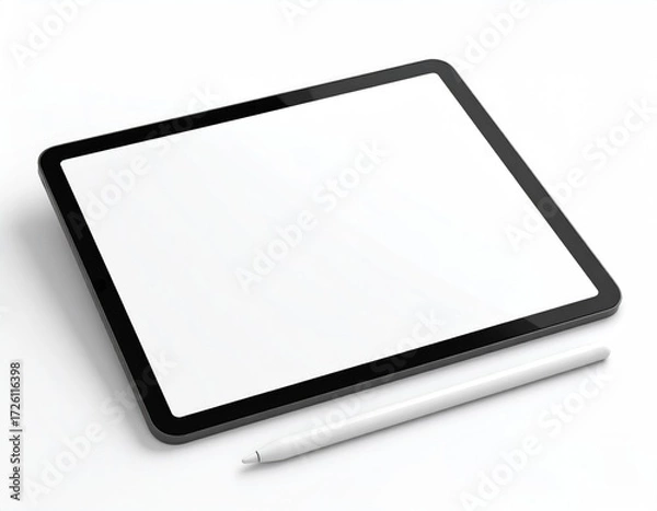 Obraz Tablet with stylus: A modern tablet rests beside a stylus, offering a clean and sophisticated presentation for digital content, designs, or interactive displays.