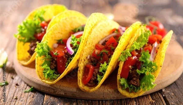Obraz Taco Fiesta: A close-up shot of five delicious tacos arranged on a wooden cutting board, overflowing with fresh ingredients, tantalizing the viewer's appetite.