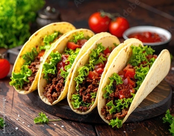 Obraz Taco Fiesta: A mouthwatering array of savory tacos, artfully arranged, tantalizes the senses with vibrant colors, a celebration of flavor, promising a delightful culinary experience.