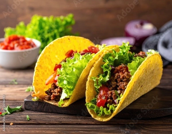 Obraz Tantalizing Tacos: Delight your senses with a vibrant, eye-level shot of two delectable tacos, nestled on a wooden cutting board, promising a burst of flavor and a delightful mealtime experience.