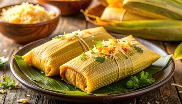 Obraz Flavorful Tamales Plated: Two golden tamales, artfully arranged on a rustic plate with fresh banana leaves, sit invitingly. A culinary masterpiece awaits.