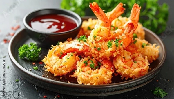 Obraz Golden Tempura Shrimps: A plate of delectable golden tempura shrimps served with a vibrant red dipping sauce and garnished with fresh herbs, promising a savory and delightful culinary experience.
