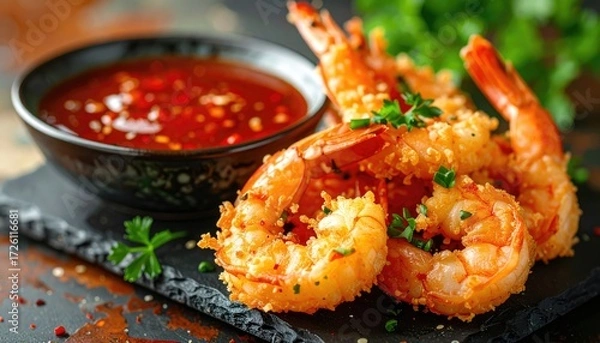 Obraz Crispy Shrimp Delights: Golden-brown, perfectly fried shrimp artfully presented alongside a vibrant bowl of tantalizing red sauce, tantalizing culinary adventure.