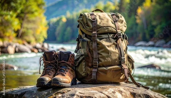 Obraz Adventure Gear Ready: A well-worn backpack and sturdy hiking boots sit on a riverside rock. Perfect for the adventurer in all of us. A scene of nature at its finest.