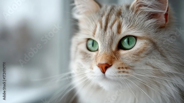 Obraz Portrait of a Fluffy Silver Cat with Green Eyes Soft Lighting and White Background