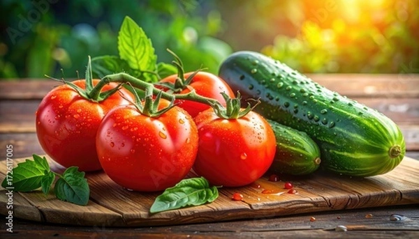 Obraz Fresh Garden Harvest: A vibrant display of fresh, ripe tomatoes, crisp cucumbers, and aromatic basil leaves, artfully arranged on a rustic wooden board, evoking the essence of a summer garden harvest.