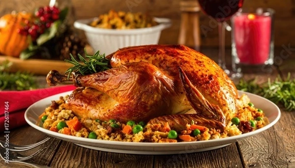 Obraz Thanksgiving Feast: A mouthwatering Thanksgiving turkey rests on a bed of savory stuffing, creating an inviting scene for a festive celebration of food, family, and tradition.