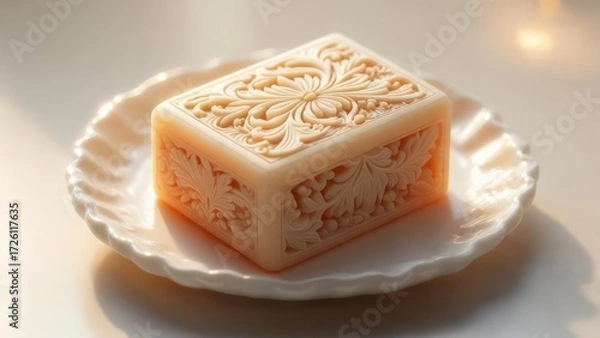 Obraz Artisan Soap Bar with Intricate Floral Design on a White Scalloped Dish.
