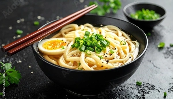 Obraz Ramen Bowl: A top-down shot of a perfectly composed ramen bowl, with noodles, broth, a soft-boiled egg, and green onions, ready to be devoured.
