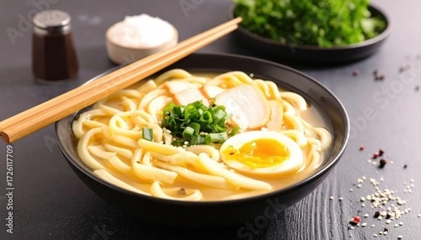 Obraz Savory Ramen: A culinary masterpiece featuring steaming broth, perfectly cooked noodles, succulent meat, and vibrant garnishes, beautifully presented.