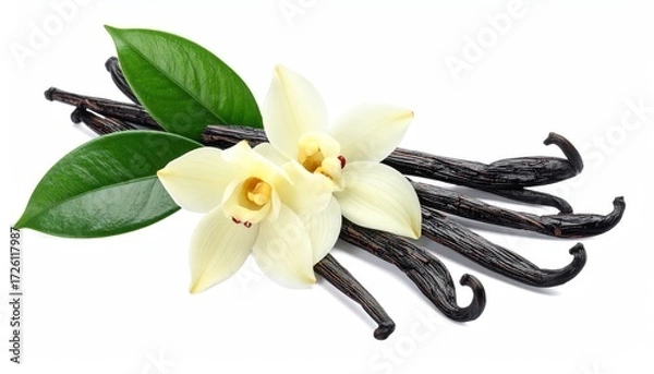 Obraz Vanilla Flowers and Pods: A visual symphony of vanilla flowers, rich in delicate beauty. They rest gently among fresh green leaves and dark, aromatic pods.