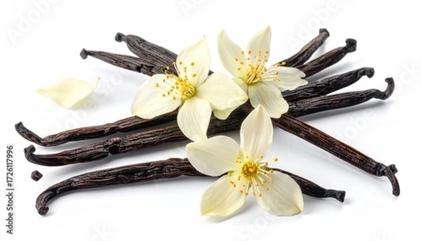 Obraz Vanilla Bliss: Captivating, top-down image of aromatic vanilla beans adorned by delicate vanilla flowers, representing the essence of gourmet ingredients and culinary delights. 