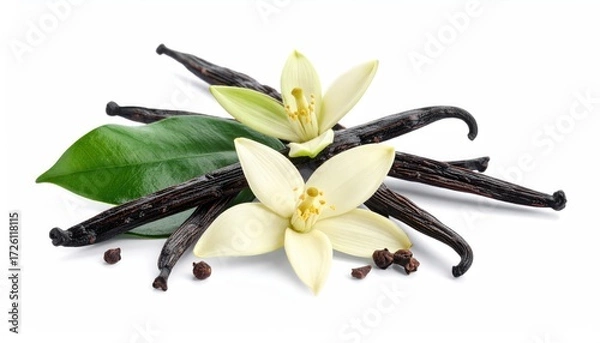 Obraz Vanilla's Essence: Captivating top-down view of exotic vanilla beans and vibrant flowers, showcasing the sweet spice's allure.