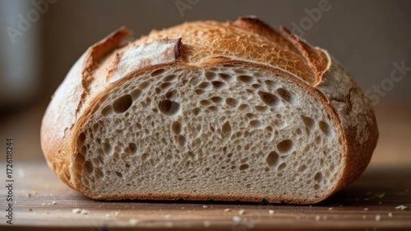 Obraz Artisan sourdough bread loaf cut in half on a wooden board.
