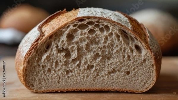 Obraz Artisan sourdough bread loaf, crusty exterior, open crumb.