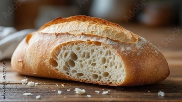 Obraz Artisan Sourdough Bread Loaf with Open Crumb Structure on Wooden Board.