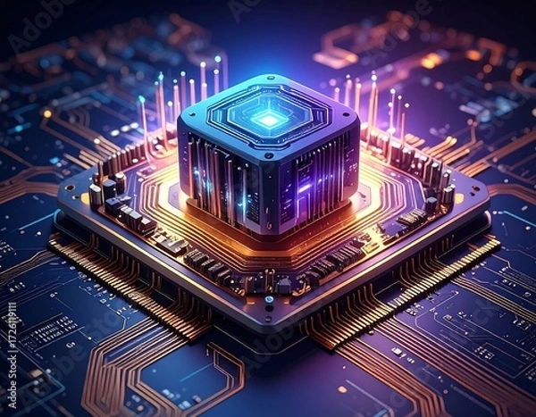 Fototapeta Futuristic computer chip on circuit board