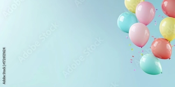 Fototapeta Pastel Balloons Bunch Floating on Light Blue Background with Confetti