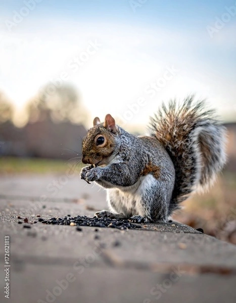 Fototapeta Gray squirrel eating seeds on a sidewalk