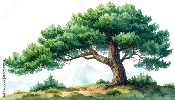 Obraz Watercolor illustration of a large old tree with full green foliage on a grassy knoll