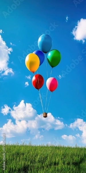 Fototapeta Colorful Balloons Floating with Woven Basket Over Green Field and Blue Sky
