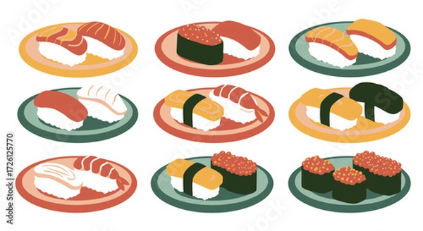 Fototapeta Vibrant vector illustrations showcase a diverse collection of delicious sushi and nigiri dishes, perfect for culinary themes.