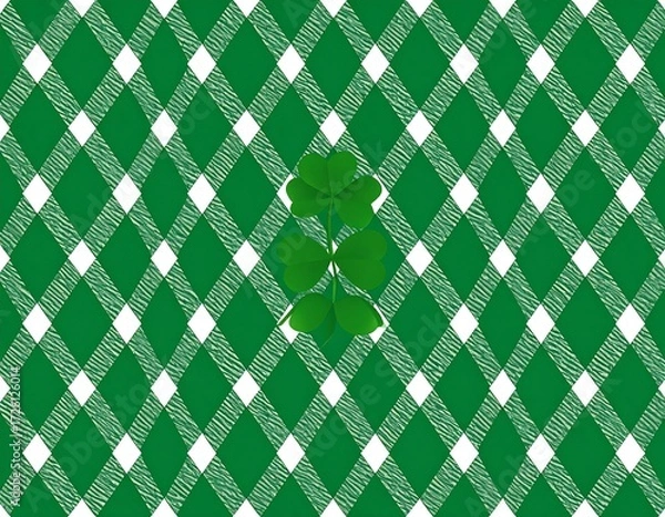 Fototapeta Green and white checkered fabric with a shamrock