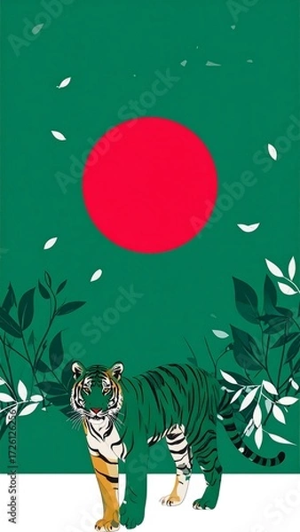 Fototapeta Green background with tiger and red circle,  floral elements
