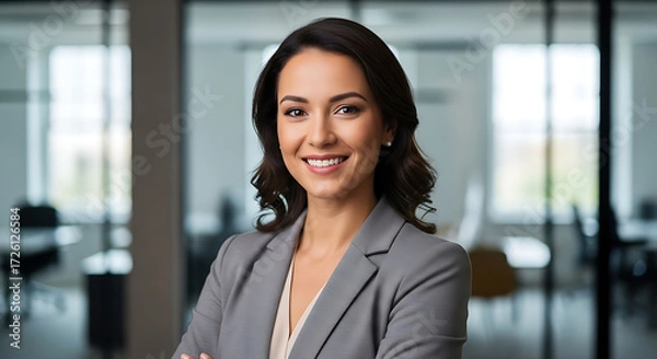 Obraz Confident and Smiling Businesswoman in Modern Office Setting