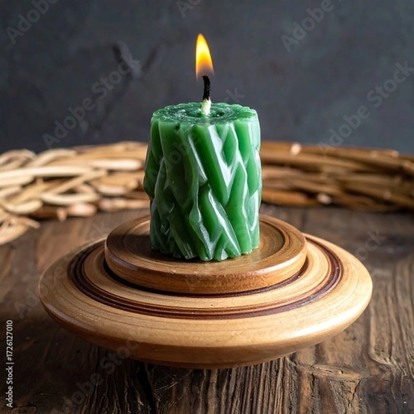 Fototapeta Green candle on wooden stand