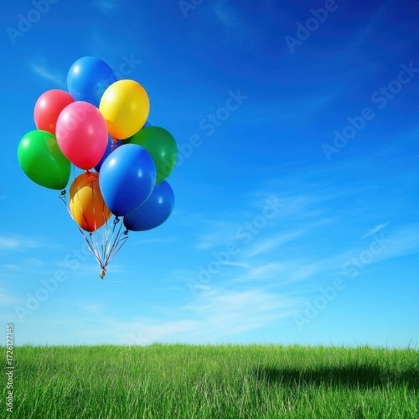 Fototapeta Colorful Balloons Floating in Sunny Blue Sky Over Green Grassy Field