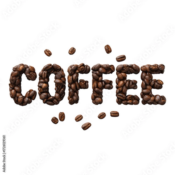 Fototapeta Coffee word formed by coffee beans on white background with coffee cup and aroma elements