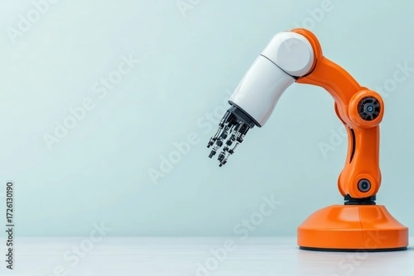 Fototapeta Orange and white robotic arm extending on a light background, symbolizing advanced manufacturing and future technology