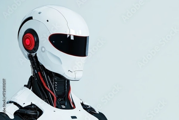 Fototapeta Robot head featuring a sleek design and visible internal mechanics against a light background, symbolizing future and innovation