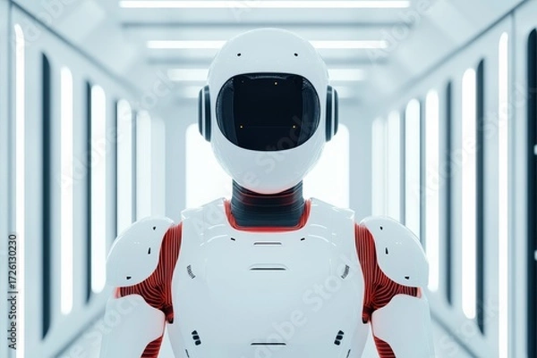 Fototapeta Advanced robot with artificial intelligence standing in a modern, brightly lit sci fi spaceship or laboratory hallway