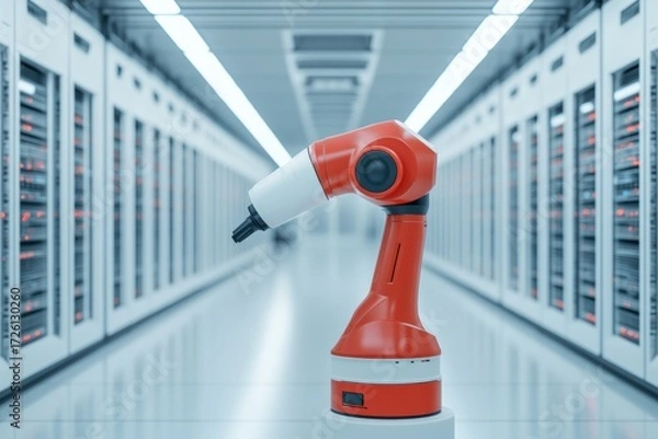 Fototapeta Robotic arm operating within a modern data center, symbolizing automation, artificial intelligence, and cutting edge technology
