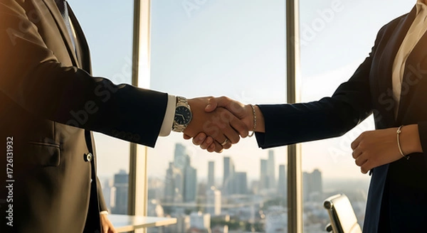 Obraz Business Handshake Agreement with Cityscape Background in Modern Office
