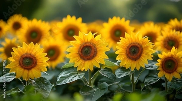 Fototapeta Vibrant sunflowers in a field.