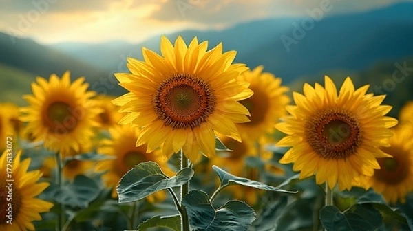 Fototapeta Vibrant sunflowers in a field at sunset.