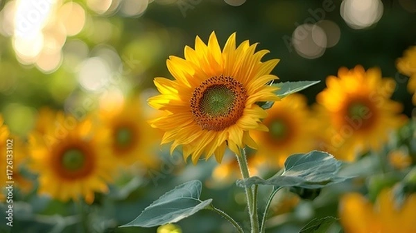 Fototapeta Vibrant sunflowers in a field at sunset. (2)