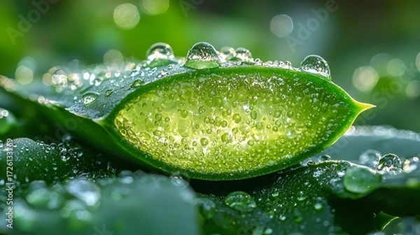 Fototapeta Dewy aloe vera leaf cut in half, showing gel inside.