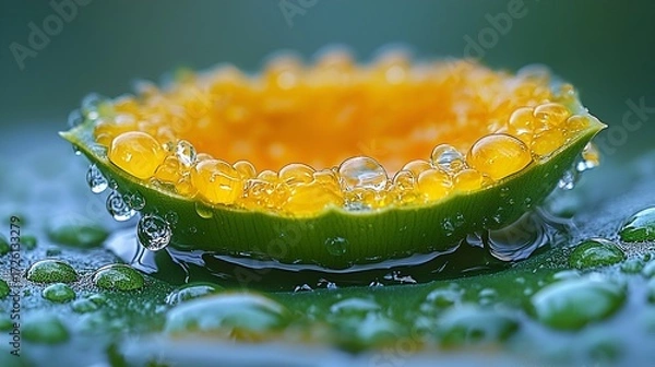 Fototapeta Close-up of yellow pollen or spores in a water droplet on a green leaf.