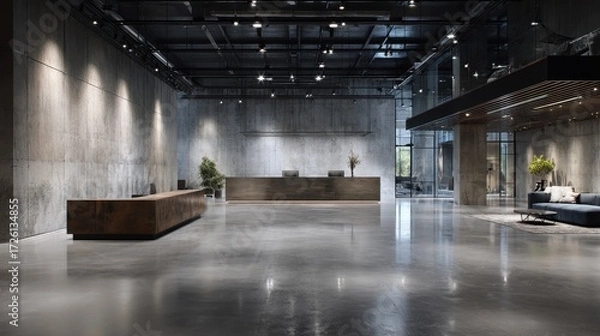 Obraz Modern Minimalist Lobby with Dramatic Spotlight Illumination and Polished Concrete Floors.